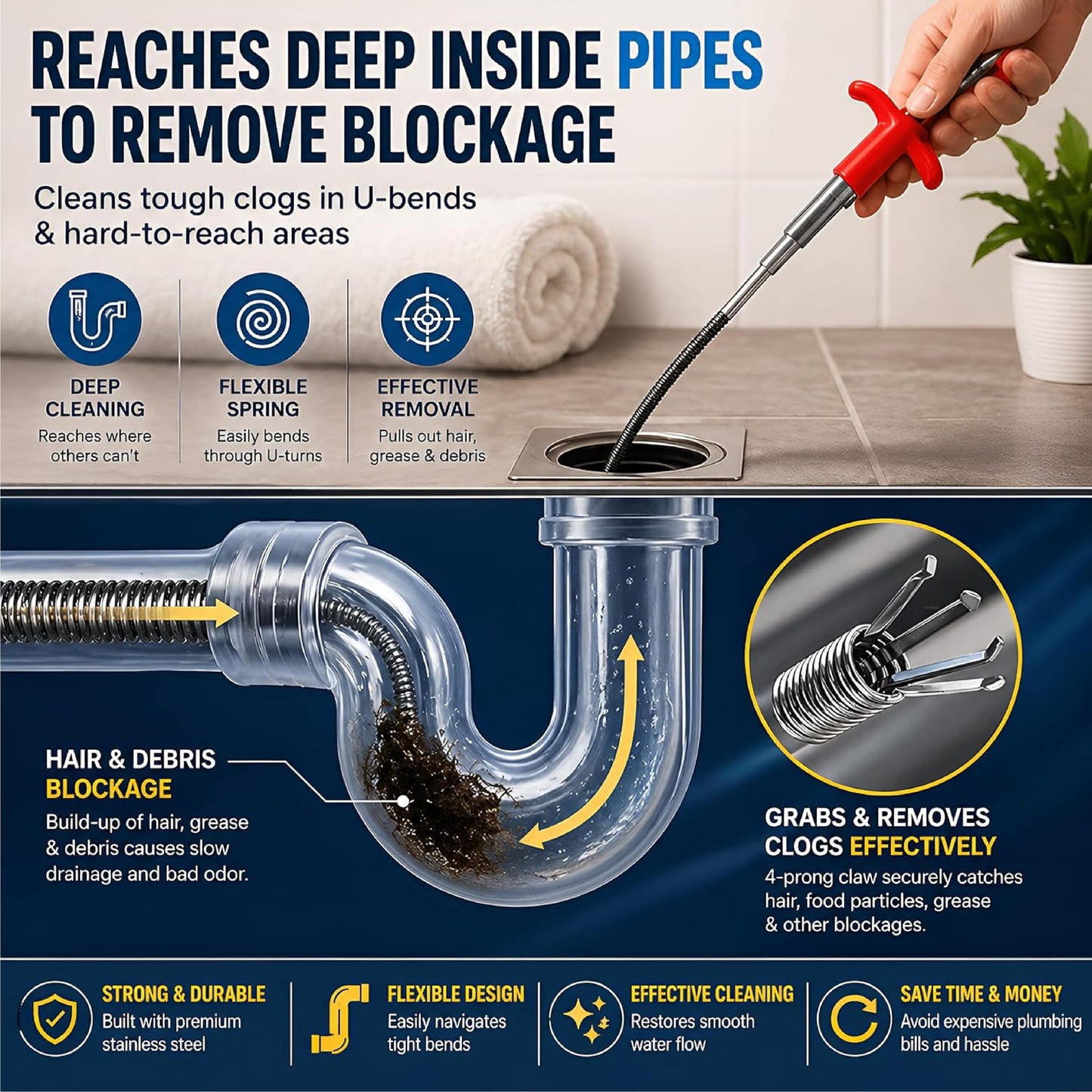 LivLifeGoods™ ProGrab 4-Prong Drain Claw Tool